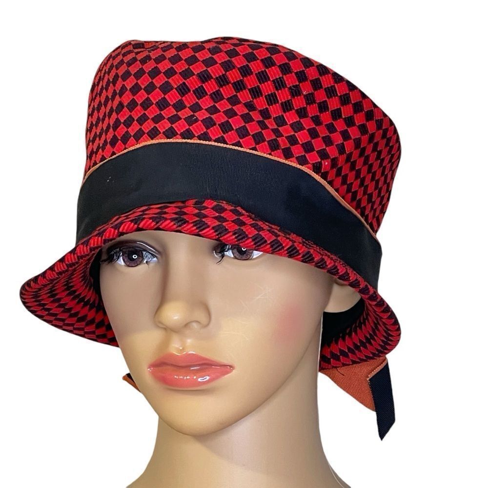 Vintage Sears Millinery Checkered Bucket Hat Red and Black with Orange Detail
